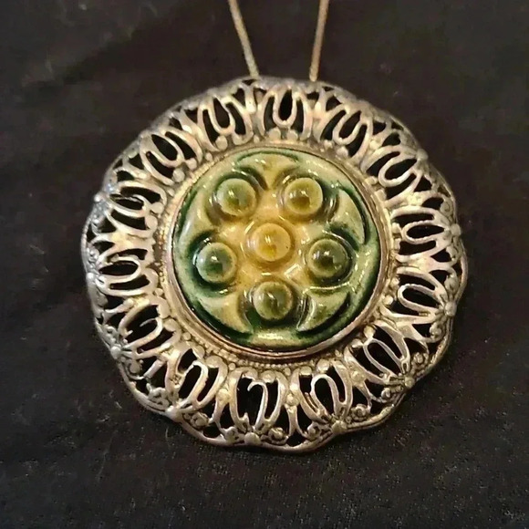 Sterling silver glazed ceramic pottery pendant 16-in Sterling box chain - Picture 1 of 3